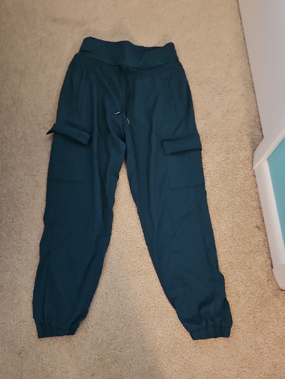 Teal Cargo Jogger Pants - Wide Waistband, Drawstring